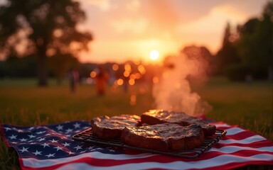 Sunset Fourth of July Picnic Grilled Steaks on American Flag Picnic Blanket with Fireworks Display. High quality