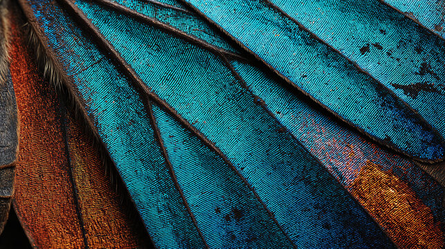 A close-up view of iridescent butterfly wing, showcasing intricate details and vibrant colors