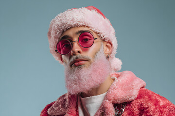 portrait of a man with a pink beard in santa claus hat