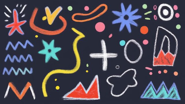 Funky crayon drawn geometric shapes and doodle lines. Colorful pencil or chalk drawn naive Swiss design aesthetic. Basic geometric shapes, dots, playful pattern, primitive forms and figures