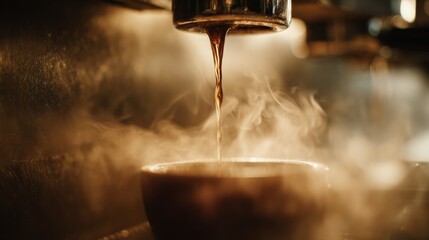 The Essence of Coffee: Capturing the rich essence of coffee as it flows into the cup from a professional machine, the steam rises, filling the air with the alluring aroma.