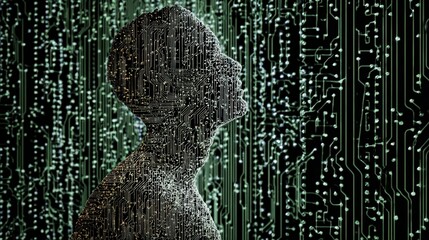 Digital Human Silhouette: A futuristic visualization presents the silhouette of a human composed of intricate digital components, seamlessly integrated against a backdrop of complex circuit patterns.