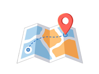 Folded map with navigation route and red gps location pin pointer for travel © jannat Stock