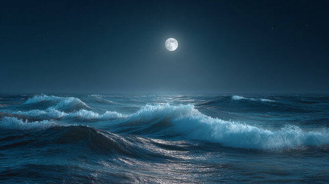 An awe-inspiring seascape with a full moon illuminating the dark ocean waves, The waves are crashing, creating a mesmerizing spectacle