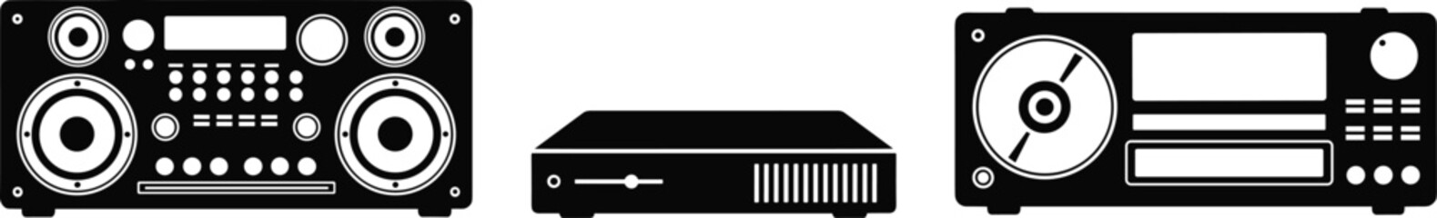 Silhouette Icons of Audio Equipment, Boombox, Media Player, DJ Controller – Retro and Modern Music Devices in Minimalist Black Design
