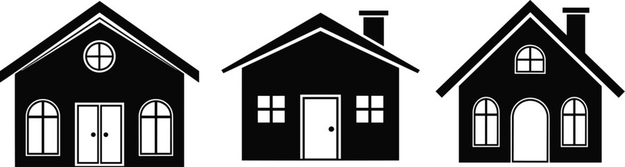 Silhouetted Residential Architecture Featuring Three Distinct House Designs with Varied Rooflines, Window Shapes, Door Styles, and Chimney Placemen