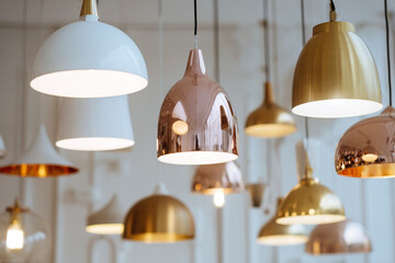 A variety of pendant lights in different shapes and colors, including white, copper, and gold, hang from the ceiling on a plain wall