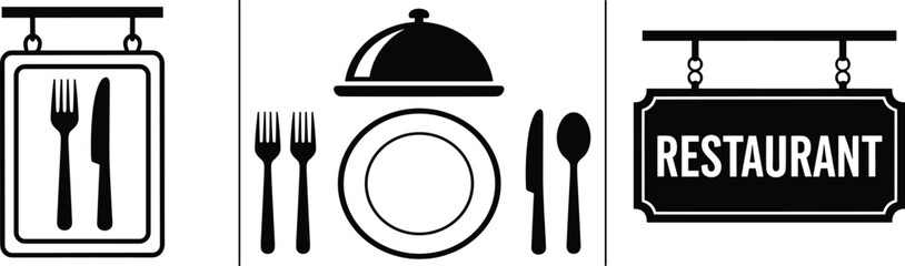 Stylized Restaurant Icons Featuring Dining Signage, Formal Place Setting, and Bold Text Sign for Food Service and Hospitality Interfaces