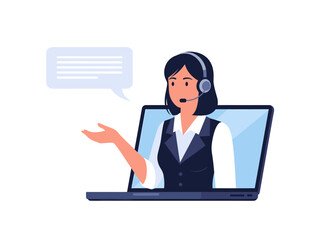 Customer service agent with headset on laptop screen providing online support