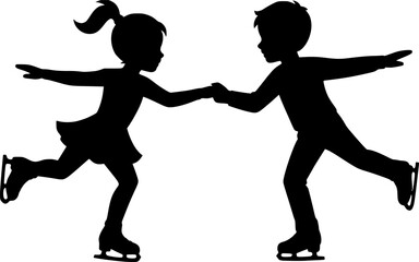 Young Skaters Balancing Holding Hands Silhouette. Figure skating, kids, teamwork, beginner, black and white vector