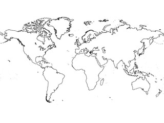 World map outline featuring continents and major landmasses for global concepts.