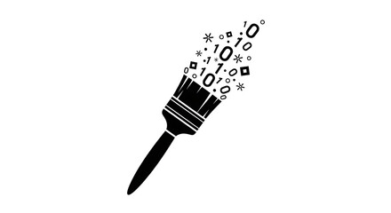 A black and white image of a paintbrush with binary code flowing from the bristles on a white background silhouette