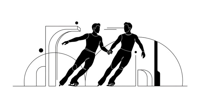 Two ice skaters holding hands in a stylized monochrome illustration with geometric shapes around them silhouette