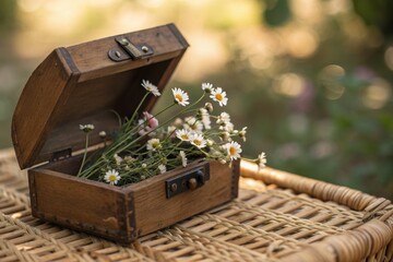 Antique wooden treasure chest holding delicate wildflowers