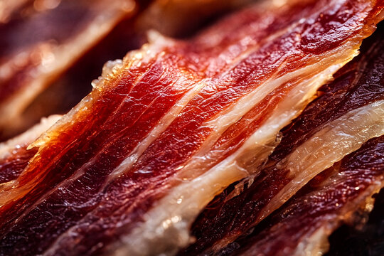 Close-up of thin slices of premium Iberian ham showing rich marbling, texture and warm light. Gourmet jamón detail perfect for culinary, food styling and gastronomy themes.
