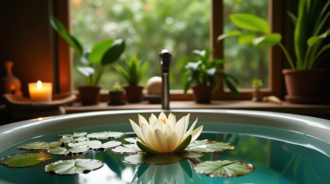 An elegant spa setting showcasing a tub with water lilies and herbs, a glowing candle, and lush plants that promote an inviting and peaceful ambiance for relaxation