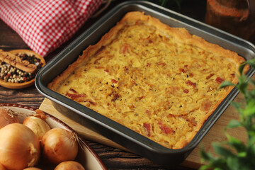 Zwiebelkuchen, a pie with onion and bacon, traditional German dish