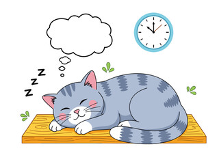 Peaceful cartoon gray striped cat sleeping deeply, with thought bubble and wall clock