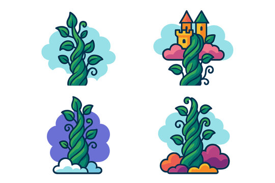 Creative illustration of a magical beanstalk growing towards beautiful castles in different colorful settings