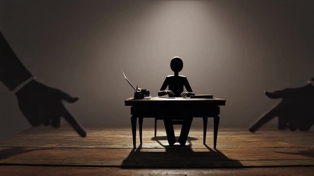 Silhouette of a Person at a Desk with Typewriter Under Accusatory Finger Gestures writing