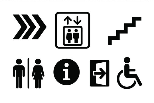 Signage showing elevators, stairs, and restroom options in a public building for accessibility and direction