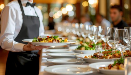 Professional restaurant server carrying a plated gourmet dish in a fine dining setting with glasses