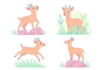 Cute goats in various playful poses, exploring a sunny meadow with rocks and greenery around them
