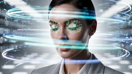 Conceptual video of a professional woman's face getting overwhelmed by digital data, showing circuits on her eyes symbolizing stress, burnout, and mental fatigue from too much information - Powered by Adobe