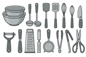 Kitchen tools and utensils arranged neatly on a countertop for cooking and baking activities at home