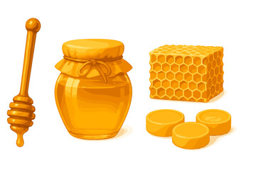 Sweet honey jar, honeycomb, and honey dipper displayed together on a plain background