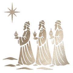 Three wise men with gifts following the star of bethlehem, gold foil texture, representing...