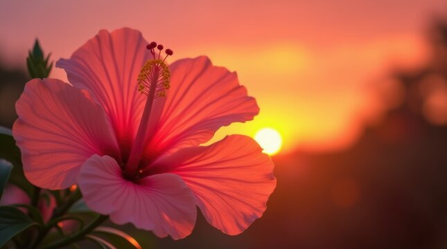 Close up of a pink hibiscus flower silhouetted against a vibrant sunset 