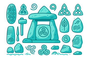 Engaging set of ancient stone carvings representing Celtic symbols and artifacts in vibrant turquoise colors