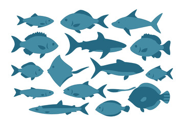 Various types of fish swimming together in shades of blue showing their unique shapes and sizes