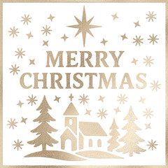Gold foil merry christmas typography with star, snow, church, and pine trees on a transparent...
