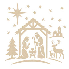 Nativity scene silhouette with mary, joseph, and baby jesus in a stable under the star of...
