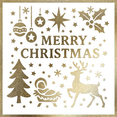 Gold foil texture creating christmas design elements including text, santa's reindeer, trees,...