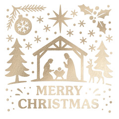 Golden textured nativity scene featuring mary, joseph, and baby jesus with merry christmas text and holiday decorations on transparent background
