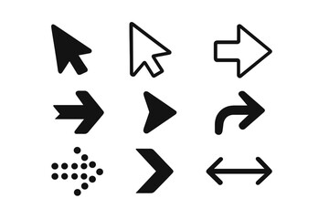 Various black arrow icons in different styles arranged on a white background highlighting directional indicators and symbols for digital use