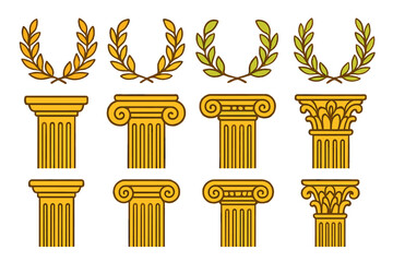 Decorative columns and laurel wreaths design elements in classic style suitable for various artistic projects