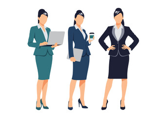 Modern flat vector set of fashionable business women in office outfits, posing confidently with laptops and coffee, ideal for career lifestyle visuals and trendy design assets