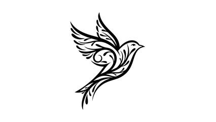 Obraz premium A stylized black and white illustration of a bird in flight with ornate, swirling patterns forming its body and wings.