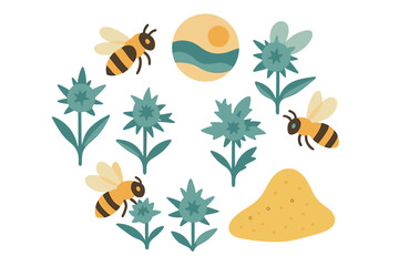 Naklejka premium Colorful illustration of bees pollinating flowers in a sunny garden with a sandy area