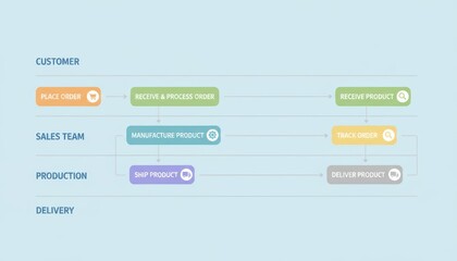 A flowchart illustrating the order process from customer placement to delivery, highlighting roles of the sales team and production stages.