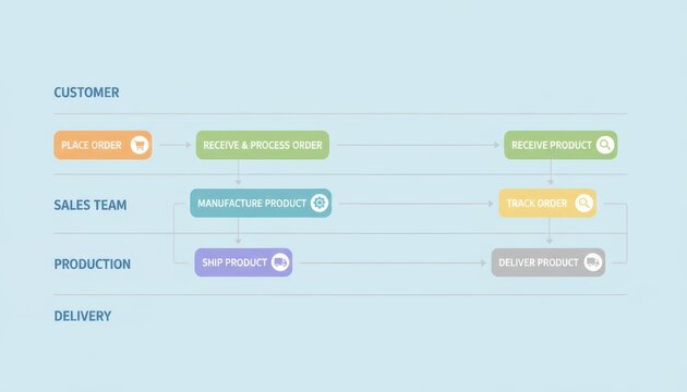 A flowchart illustrating the order process from customer placement to delivery, highlighting roles of the sales team and production stages.