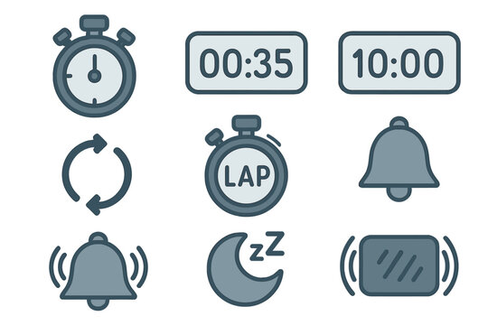 Stopwatch and timer icons for tracking time intervals and alerts in various activities and tasks