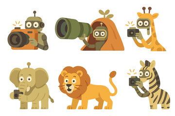 Naklejka premium Colorful cartoon animals taking pictures in a playful forest setting with various cameras during a sunny day