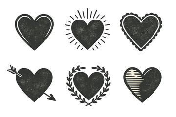 Various black heart shapes with different designs and styles for creative art projects