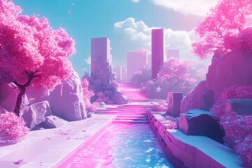 Magical pink forest with glowing trees and bright light