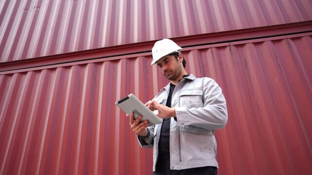 Man logistics workers use tablet computer with container background